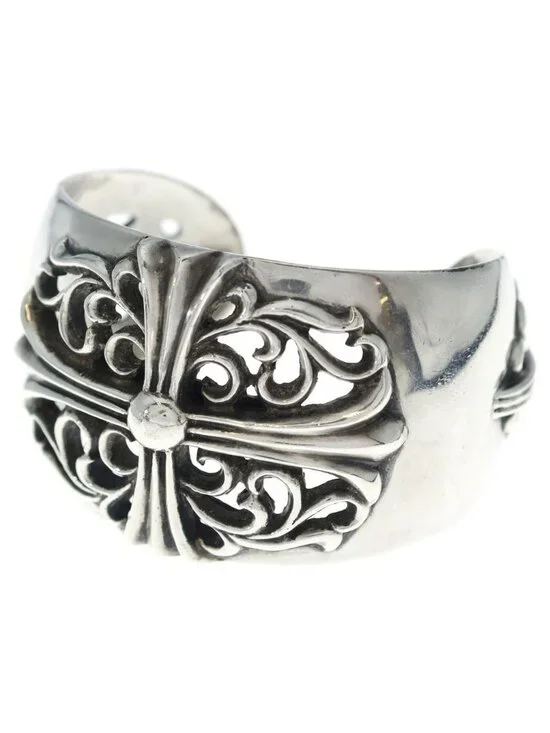 Chrome Hearts Flrl Crs Calf Floral Cross Wide Silver Bracelet