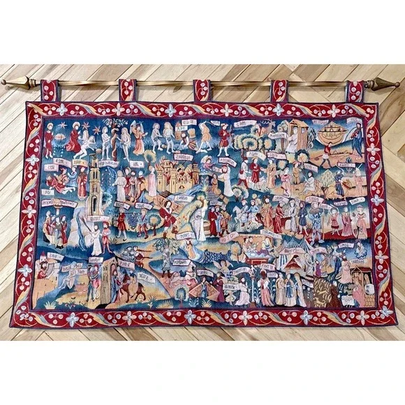 Vintage Biblical Tapestry Wall Hanging Bible Story Scenes 52x33 Rod Included