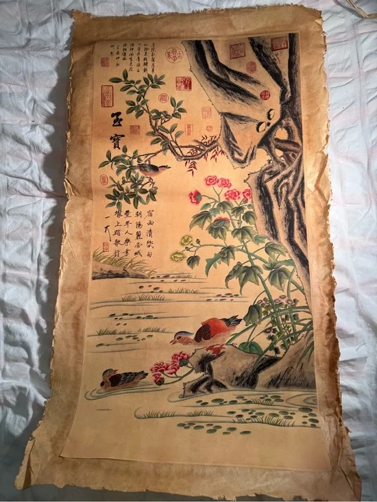 Old Antique Chinese Painting Scroll Flowers and Birds on Rice paper