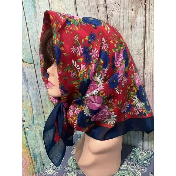 Vintage Navy & Red Scarf Made in Italy Floral