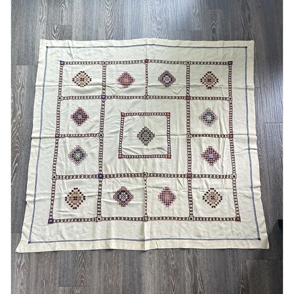 Vintage Hand Embroidered Colorful Tapestry Traditional Czech Slovak 45x48 Boho