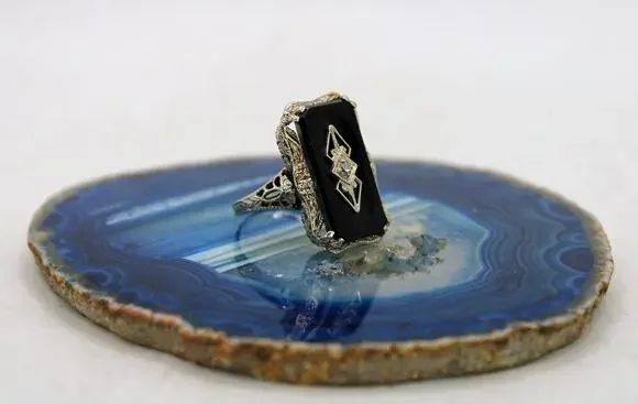 Art Deco 14kt White Gold Black Onyx Diamond Filigree Ring