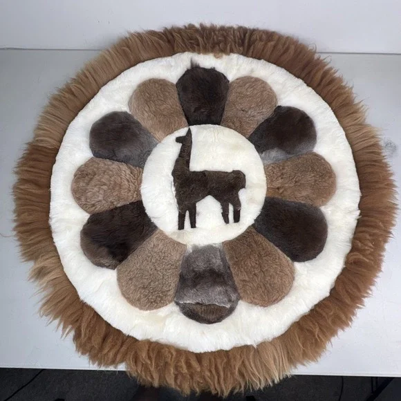 Vintage Alpaca Llama Fur Peruvian Round Handmade Hide Stitched Rug Wall Art  31