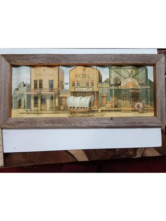 Rustic Western Town 3D Wall Art with Covered Wagon 22X11