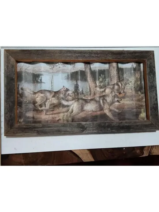 Rustic Framed Metal Wall Art with Wolves Scene 22X12