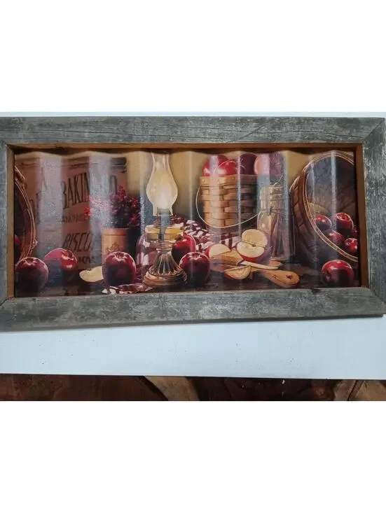 Rustic Vintage Style Wall Art with Apple Basket and Oil Lamp Scene 22X11