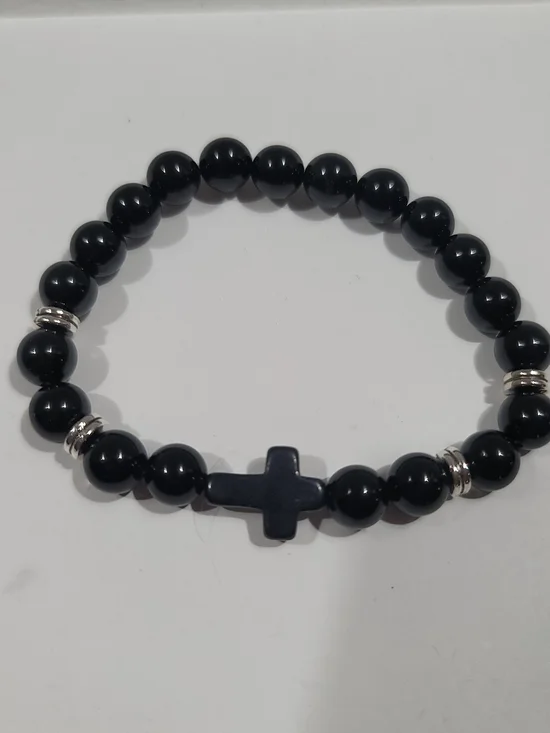 Black Beaded Cross Stretch Bracelet - Mens / Women Accessory