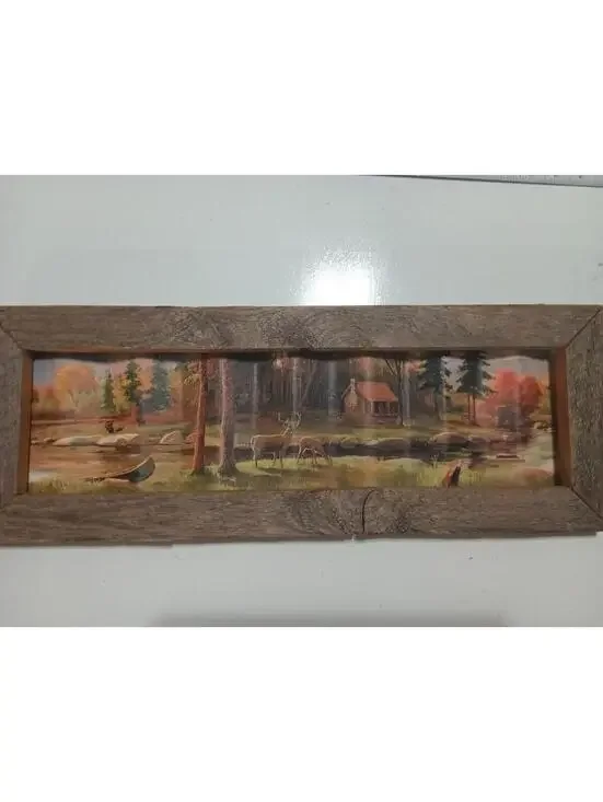 Rustic Cabin Scene Wall Art with Corrugated Metal Frame 22x8.5
