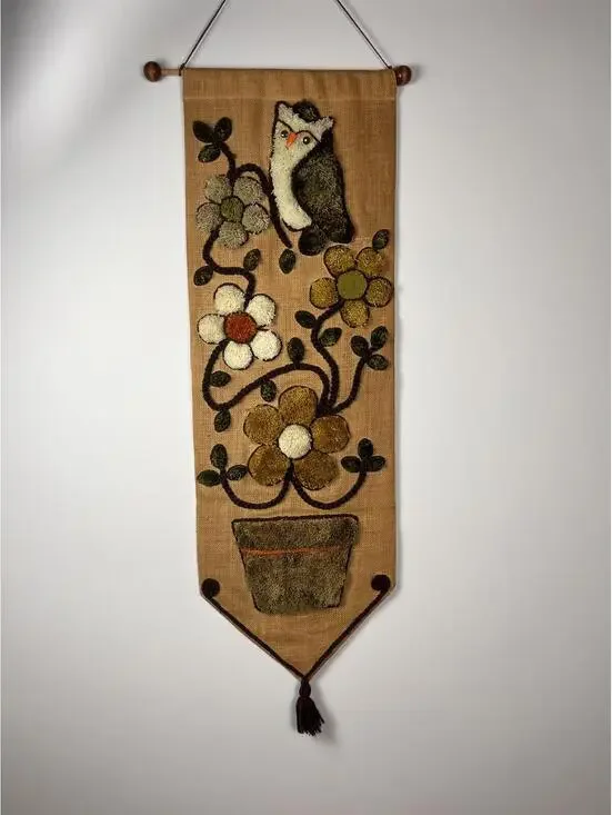 Vintage 1970s Owl Burlap Wall Hanging Handmade Boho Fiber Art Textile Decor