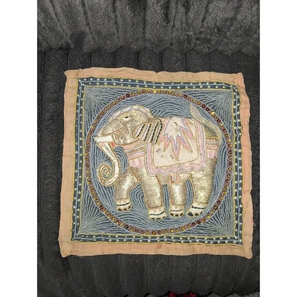 Vintage Handmade Thai Beaded Elephant Wall Hanging Textile 15