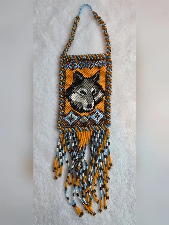 Handmade Beaded Wolf Wall Hanging / Ornament Native Style Seed Bead Art Fringe