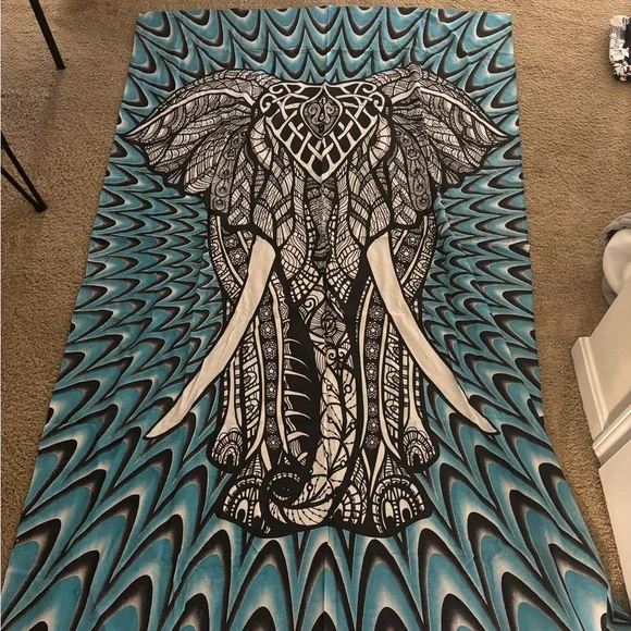 Elephant Mandala Wall Tapestry - Black, White, and Blue