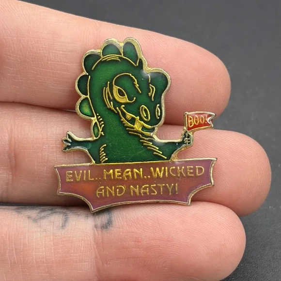 Evil Mean Wicked & Nasty Green Dragon Holding Boo! Flag‎ Lapel Hat Pin