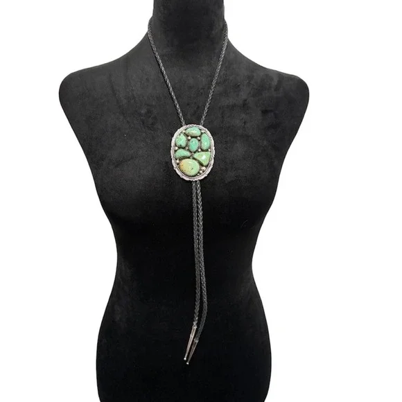 Sterling Silver Turquoise Bolo Tie Mens OS Green Southwestern Signed MT