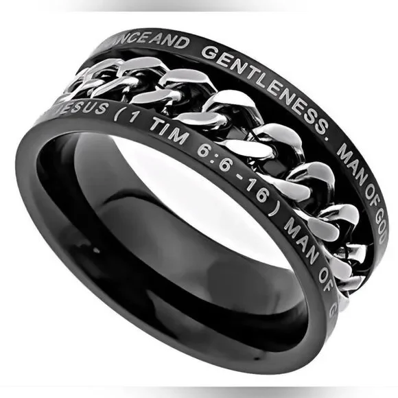 Stainless Steel Gunmetal & Silver Tone Chain Man of God Fidget Ring (8.5)