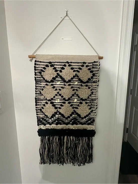Handwoven Black and Cream Geometric Wall Hanging with Fringe