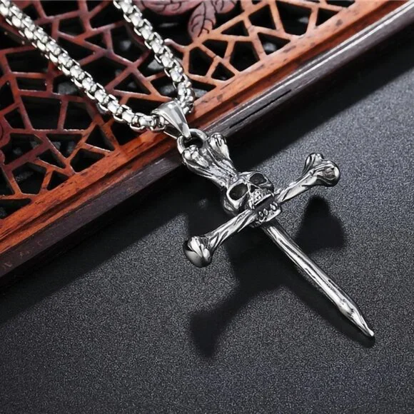 ❤️Style retro cast skull cross Halloween pendant necklace for men,N90201P…