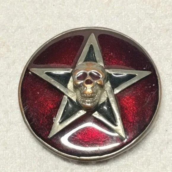 Vintage Gothic Skull Pentagram Scarf Slide Red Black Enamel Biker Occult Jewelry
