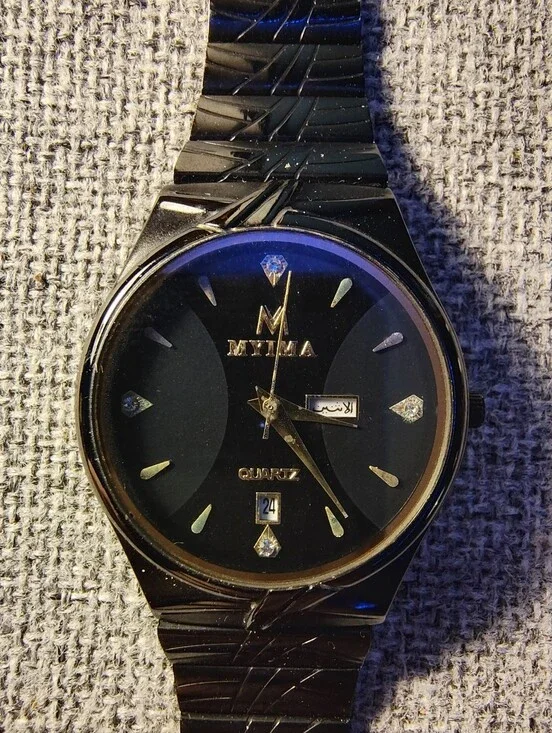 Myima Quartz Watch Black Dial Gold Markers Stainless Steel (Needs Battery)