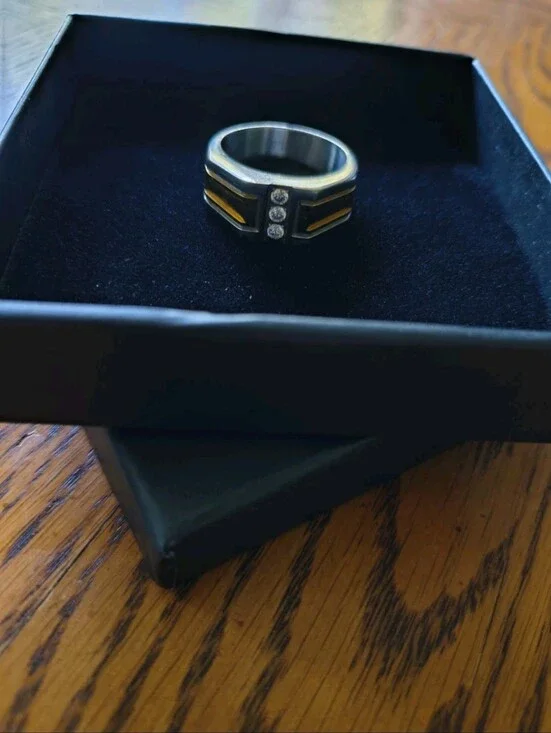 Men’s 24K Gold Plated Stainless Steel Ring Size 10 with CZ Crystals – Geometric