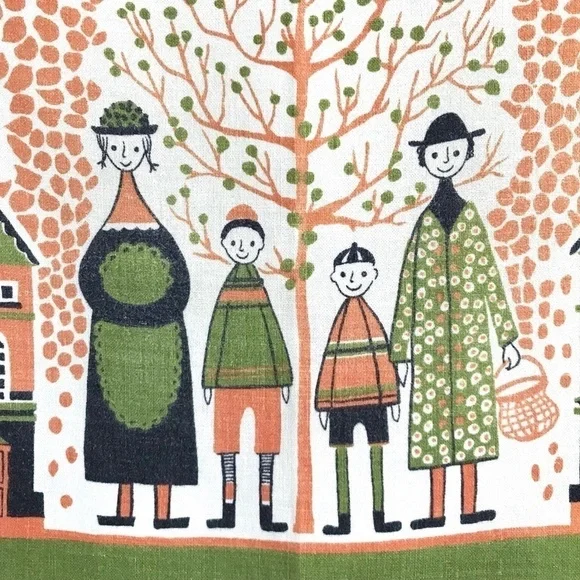 Vintage 1950s Swedish Tea Towel Family Outdoor Scene Wall Hanging