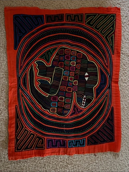 Handmade Orange Multi-Color Mola Wall Hanging From San Blas Islands