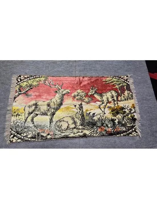 Vintage Velvet Deer Scene Tapestry Wall Hanging Throw Fringe Rustic Cabin Decor