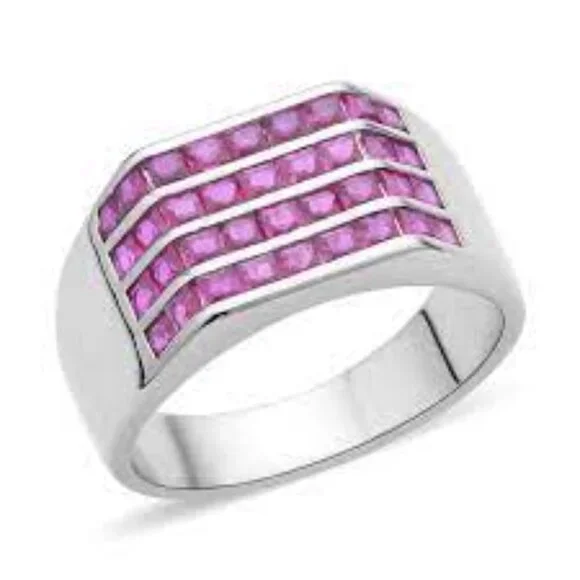 Simulated Ruby Color Diamond Men's Ring in Silvertone 2.50 ctw Size 12