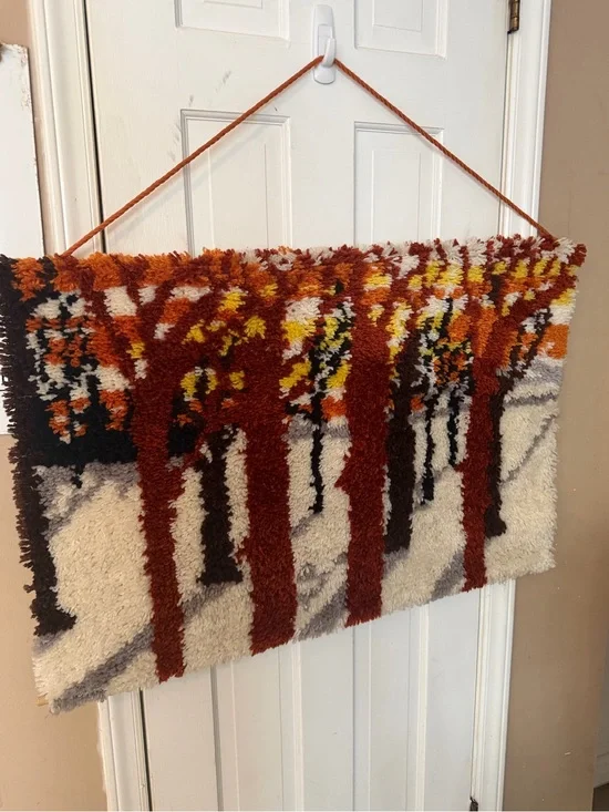 Handmade Latch Hook Wall Hanging - Autumn Tree Design in Rust and Cream 35”x23”