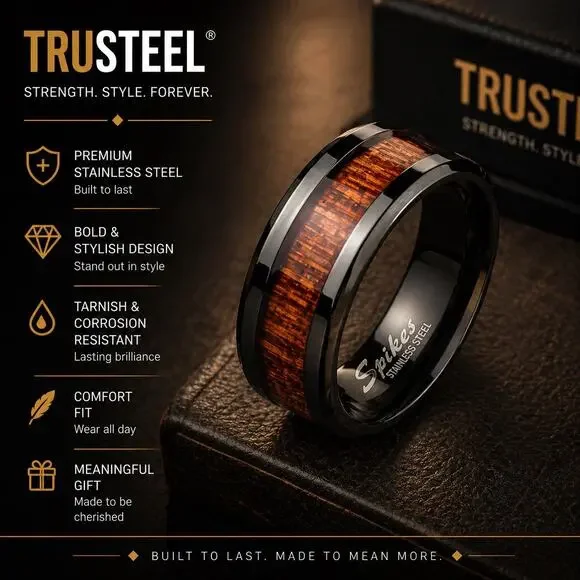Men’s Wood Inlay Center Beveled Edges Black 316L Stainless Steel Ring size 9