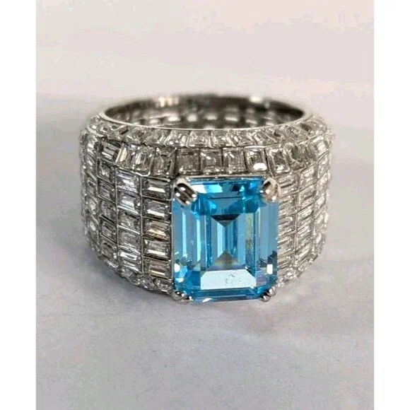 Emerald Cut Lab Created Blue Sapphire Baguette Eternity Ring  Silver Size 5