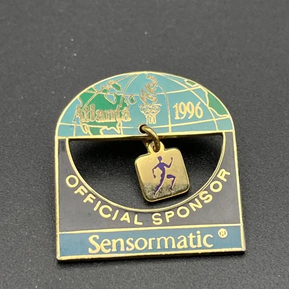 1996 Atlanta Olympics Globe‎ Sensormatic Sponsor Running Dangler Lapel Hat Pin
