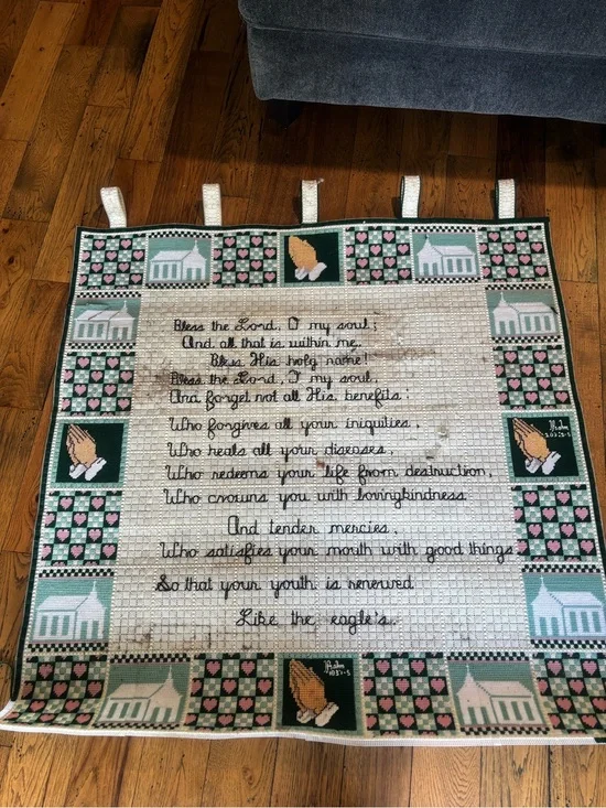 Handmade Green and White Religious Wall Hanging with Scripted Blessing As Is