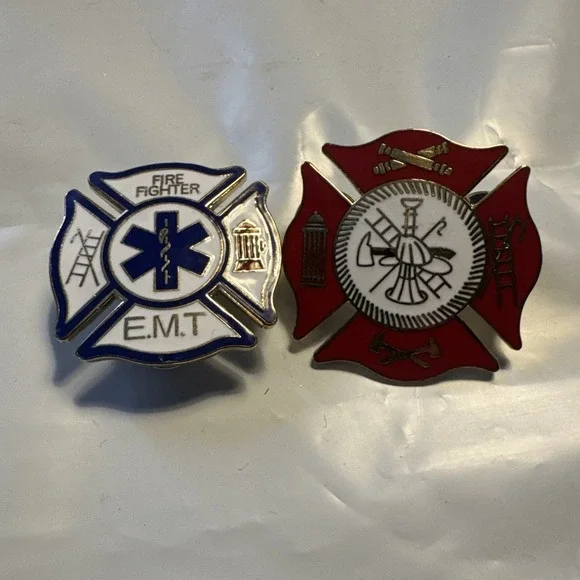 2pcs Vintage Fire Fighter E.M.T. Emt Hat Coat Vest Lapel Pin
