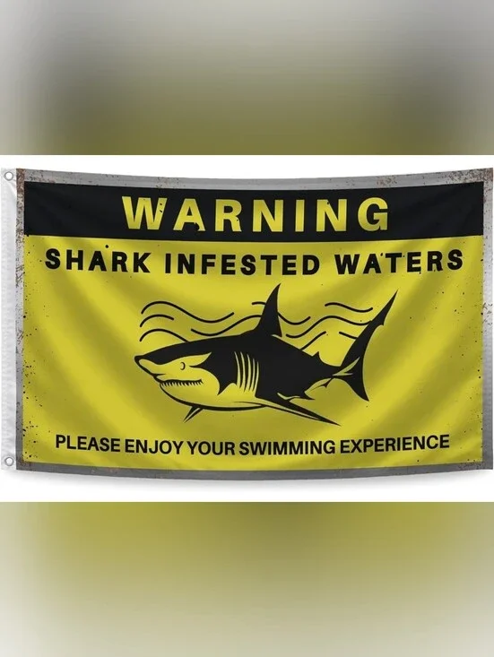 Warning Shark Infested Waters Yellow Black Banner