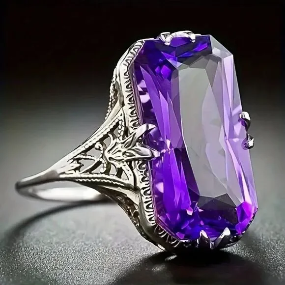 Men's Fashionable Purple Square Zirconia Ring - Perfect for Casual Wear Size 10