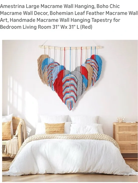 Red Multicolor Macrame Wall Hanging - Boho Leaf Feather Tapestry