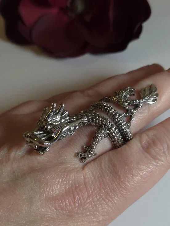 Silver Plated Dragon Tail Wrap Around Ring Size 8 Statement Ring Unisex