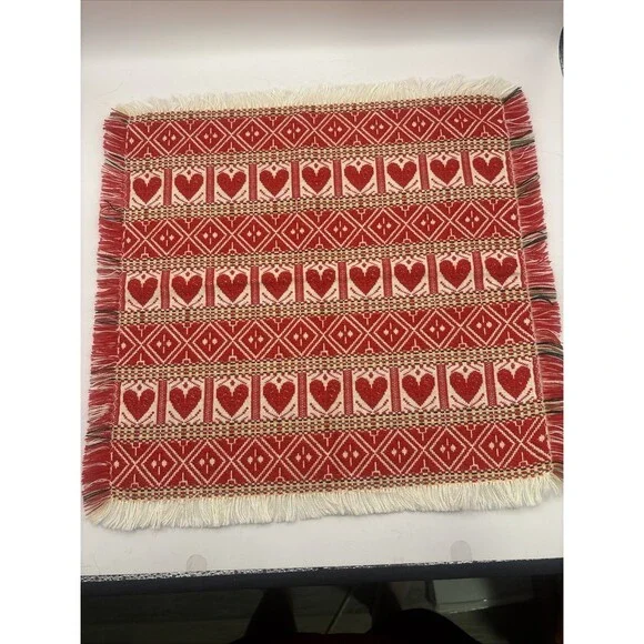 Handmade Small Wall Hanging Tapestry Red & White Hearts Made In Croatia