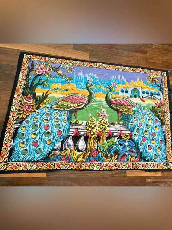Vintage Double Peacock Wall Hanging Tapestry Cotton Velvet Tone Turkey 55 X 37