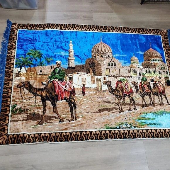 Vintage Camel Caravan Tapestry ‎ 68 X 48 Wall Hanging Mosque Desert Scene Velvet