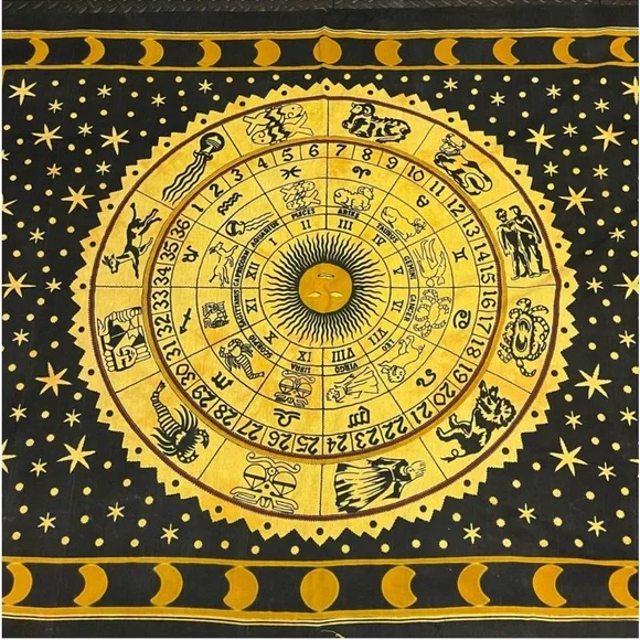 Astrology Zodiac Tapestry Wall Art Moon Phase Indian Cotton Black Yellow Vintage