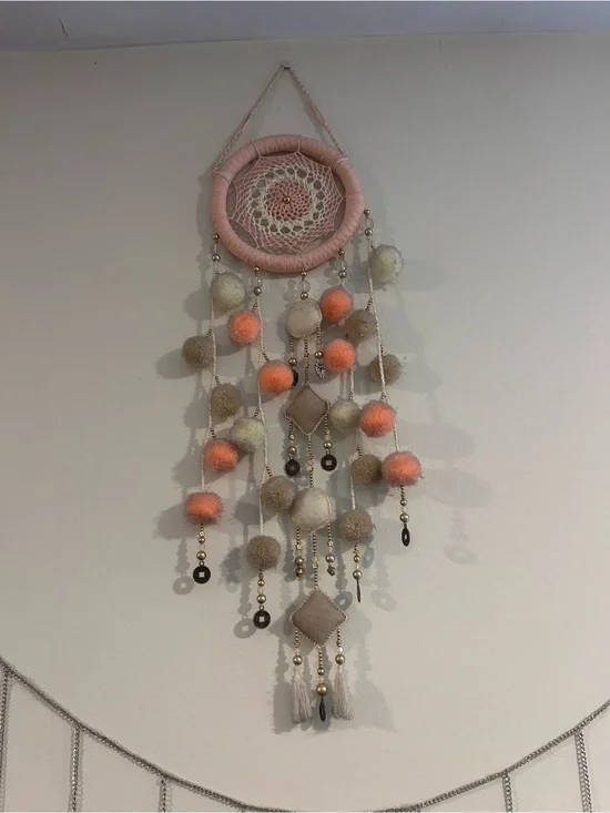 Handcrafted Pink and Neutral Pom-Pom Wall Hanging Dreamcatcher