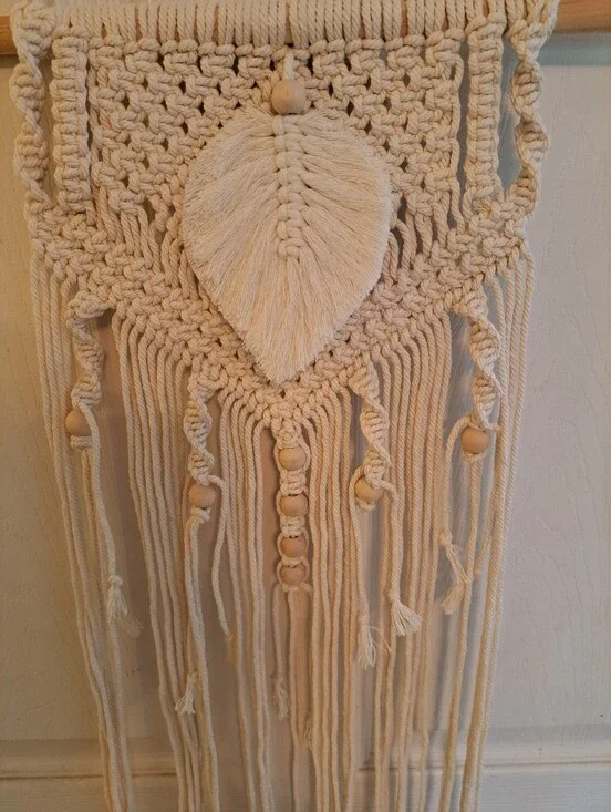 Brand New BOHO Macrame Wall Hanging Ivory With Wooden Beads And Leaf Accents