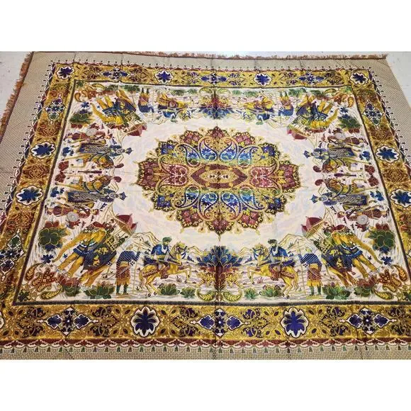 Vtg Indo-Persian silk Tapestry, wall hanging Traditional Hunting Scene 99x76.5