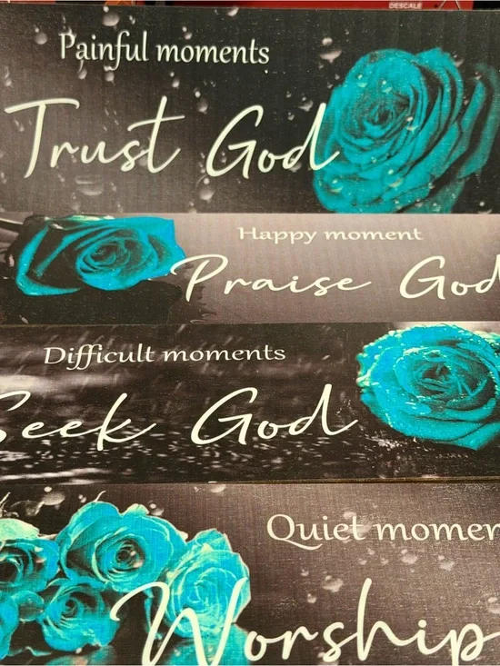 4 piece all wood Trust & Praise God Teal Rose Wall Art  Inspirational Home Decor