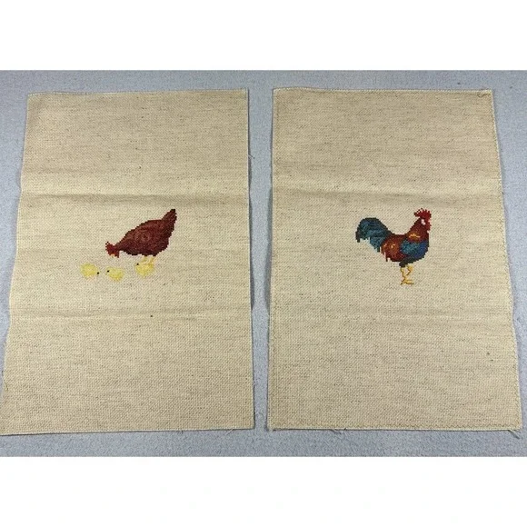 Vtg Pair Completed Cross Stitch Rooster Hen Chicks on Linen Unframed 11.5