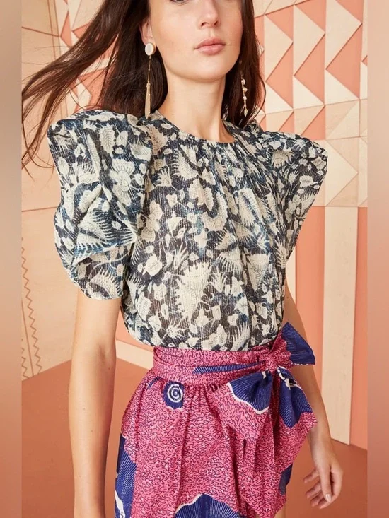 Ulla Johnson‎ Nova Top Indigo Batik Floral Metallic Puff Sleeve Blouse Size 0