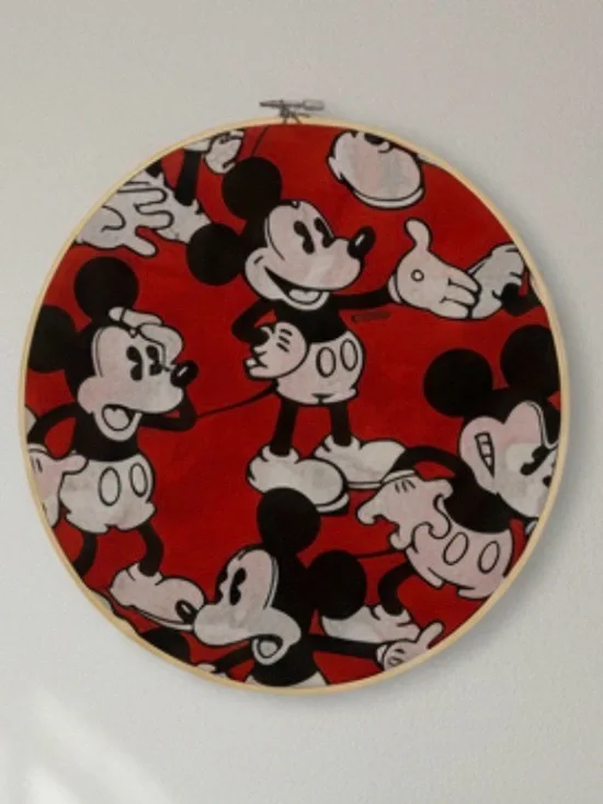 Disney Red and Black Mickey Mouse Hoop Tapestry Hand Crafted 12”W
