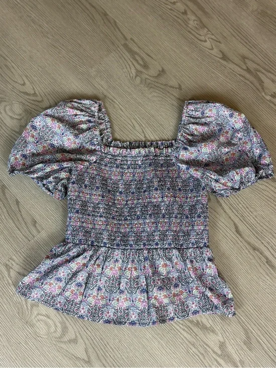 J. Crew Smocked Floral Puff-Sleeve Peplum Top in Multi-Color